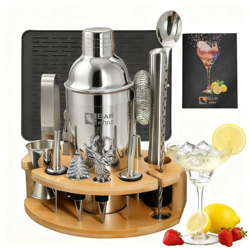 Silicone Pad Included Cocktail Shaker Set Bartender Kit,Mixology Bartender Kit 13-Piece with Bamboo Stand,Martini Shaker Kit with All Essential Accessory Tools for Drink Mixing Gift for him or her