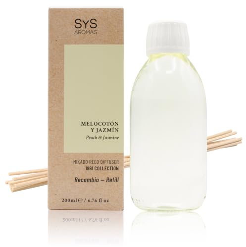 Ambientador Recambio Mikado Melocotón y Jazmín 1991-200 ml - SYS Aromas | Recarga para Difusor con Varillas - Larga Duración - Ideal para Hogar, Oficina, Baño - 5 Varillas