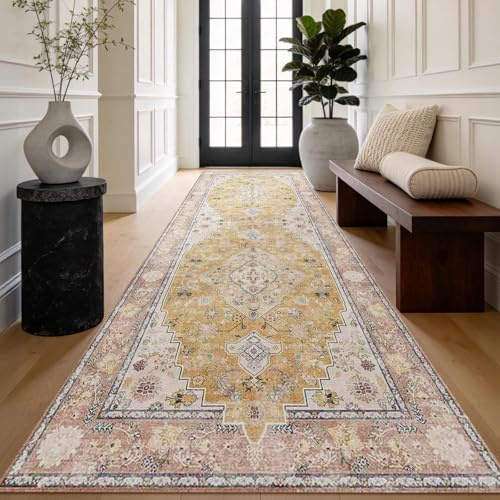 HiChiclife Yellow Persian Runner Rug 80x300cm, Vintage Oriental Carpet for Hallway, Corridor & Bedroom, Washable & Non-Slip, Soft Long Hall Rug with Durable Fibres