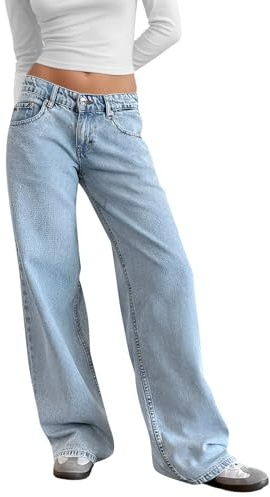Hosen Damen Jeans Stretch Baggy Wide Leg Jeans Low Waist Boyfriend Jean Loose Fit Straight Leg Mom Jean mit Taschen Y2K Flaredjeans Jeanshose Weites Bein 90S Jeanshosen Herbst Outfit Damen