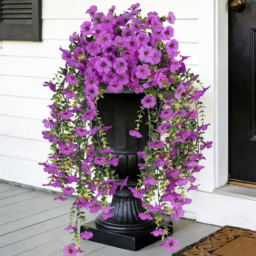 AmberFun 2PCS Artificial Flowers for Outdoors,UV Resisrant Fake Silk Flowers for Outside, Realistic Faux Plants for Hanging Baskets, Planters-Porch, Patio, Garden Decor(Purple)