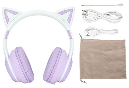 Plyisty Cat Ear Headphones, Wireless Foldable Gaming Headset with LED Light and Detachable Microphone, for PC Laptop Smartphone (Purple)