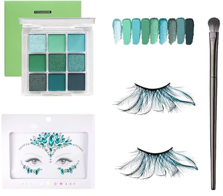 Pfauen Kostüm Damen, Schminke Pfau, mit Wimpern, Lidschatten Grün, Lidschattenpinsel, Glitzersteine Gesicht, Kopfschmuck Pfau, Kostüm Zubehör, zum Halloween Karneval Schminke