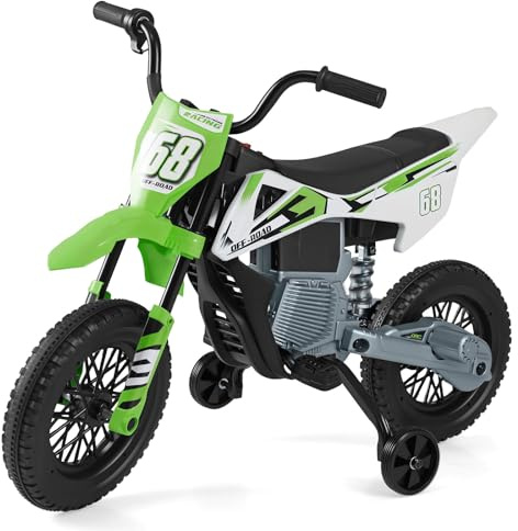 COSTWAY 12 V Elektrisk Barnmotorcykel med Fotpedaler, Avtagbara Stödhjul, Musik, Motorcykel för Pojkar och Flickor från 3 År Grön
