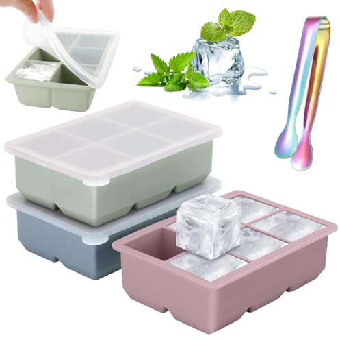 3-Pack Silicone Ice Cube Tray - Color 6-Compartment Large Square Ice Moulds Easy Release 2 inch Cube ice Trays with Lid for Freezer, Flexible & Durable BPA Free for Chilled Drinks, Whisky, Cocktails