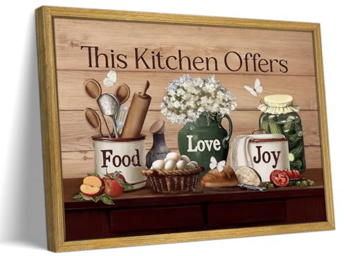 Vintage Kitchen Pictures Wall Decor, Country Kitchen Food Still Life Wall Art, Dining Room Decor Oil Painting, Canvas Prints Picture For Dining Room Kitchen Home Decor 16x24 Inch Wood Framed