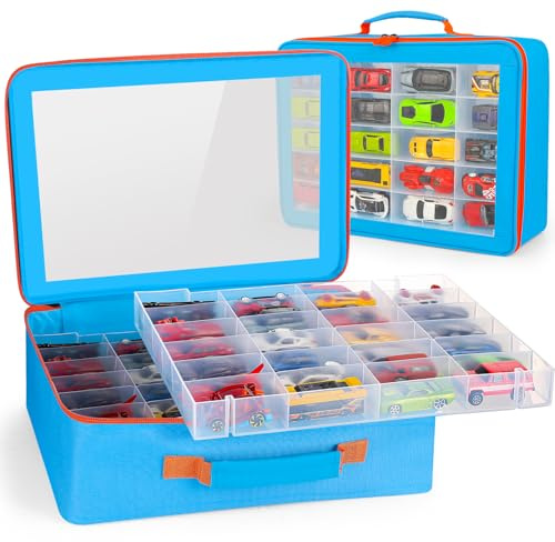 Risou Spielzeugaufbewahrungsbox, kompatibel mit HotWheels-Autos, Matchbox-Autos, Mini-Spielzeug und kleinen Puppen. Spielzeugaufbewahrungsvitrine mit 3 herausnehmbaren Ablagefächern (Blau)