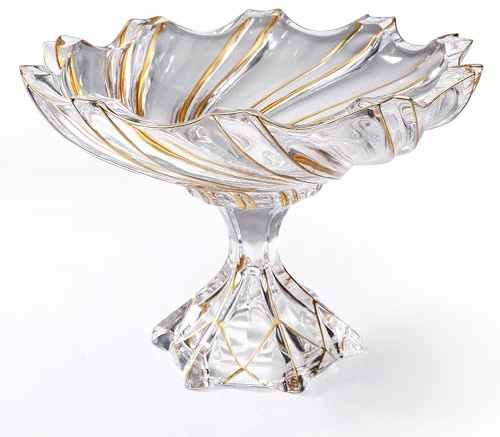 Puremagics Große, handbemalte goldfarbene Kristallglas-Schüssel in Wirbelwind-Form, dekorative Schüssel mit Fuß für Küchenarbeitsplatte und Esstisch.
