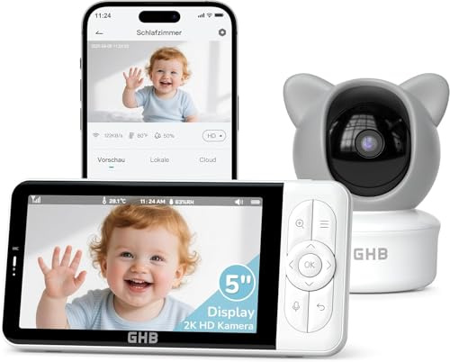 GHB Baby Monitor Video e Audio WiFi con App, Monitor IPS 5'', Telecamera 2K, 350°/65° PTZ, 3000mAh, Rilevamento di Movimento/Pianto/Temperatura, Visione Notturna