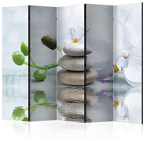 decomonkey Paravent Raumteiler Innen Zen Spa, 225x172 cm, 5-teilig, Orient | Einseitig, Blumen, Wohnzimmer, Room Divider, Wall, Raumteiler Stehend, Trennwand, Sichtschutz, Spanische Wand, Holz