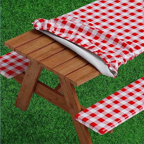 Sorfey Mantel de Mesa de Picnic con Fundas de Banco con elástico, Vinilo con Parte Trasera de Franela, se Adapta a mesas rectangulares de 28 x 72 Pulgadas, Resistente al Agua, diseño Rojo a Cuadros