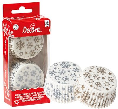 DECORA, 0339871 Moules à Muffins, Très Pratiques pour Cuire, Présenter et Offrir des Muffins, Résistant jusqu'à 220°, Fabriqué en Italie, Motif Étoiles Argent et Or, Lot de 36 pièces