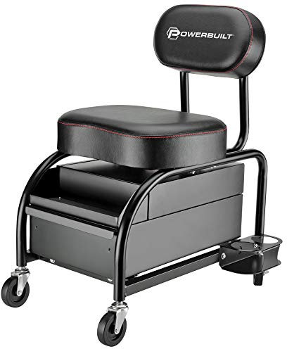 Powerbuilt Professioneller Auto-Detailers Mechaniker-Rollsitz, robuster Garagenhocker mit dick gepolsterter Sitzfläche und Rückenlehne, 2 verschiebbare Schubladen, Werkzeugablage, Dosenhalter, 7,6 cm,