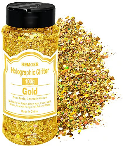 HEMOER IDLSY-31-759, holografische Pailletten, 100 g, goldfarben, Glitzer, für Gesicht, Körper, Haare, Epoxidharz, Glitzer, Gesicht, Festival, insgesamt 3,52 oz