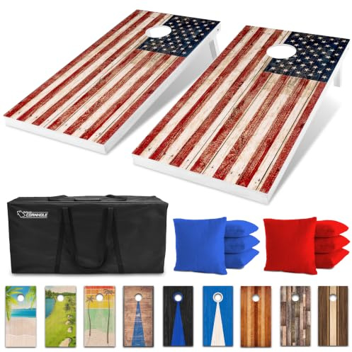 GoSports 4 ft x 2 ft Regulation Size Premium Wood Cornhole Set - Vintage Wood Designs - American Flag