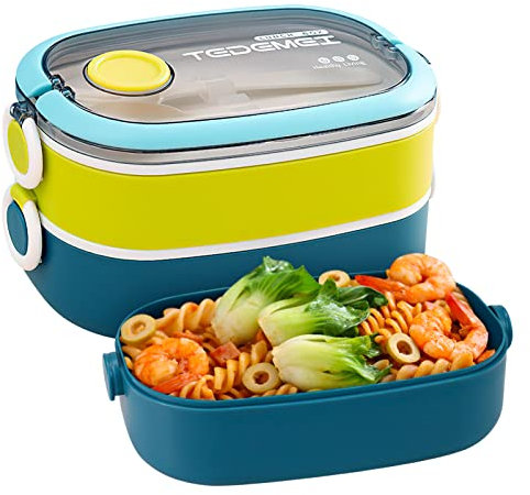 MDHAND Lunch Boxes-pranzo al sacco, pranzo al sacco con scomparti, 1600 ML | Portapranzo a doppio strato con cucchiaio e forchetta, Bento Box per scuola e lavoro per bambini/adulti (blu verde)