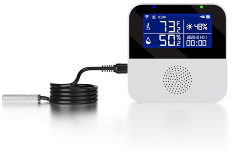 WiFi Temperature Sensor with Waterproof External Probe,Tuya Smart Temperature Humidity Monitor with Backlight LCD Display,Buzzer Alarm &App Notification Alert,Remote Monitor for Incubator Wine Cellar
