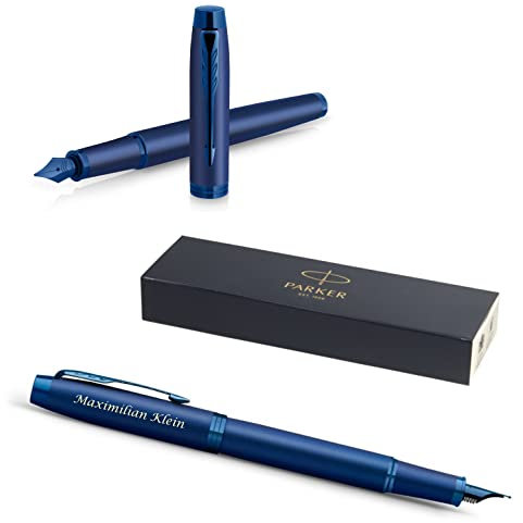 PARKER IM Monochrome Füllfederhalter mit Gravur | Premium Stift | Geschenkbox | blaue Pantrone | edel | personalisiertes Geschenk | Namen | graviert | Jahrestag | Geburtstag (Blue)
