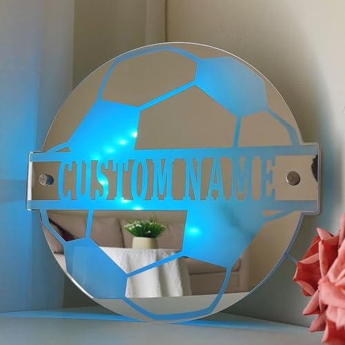 Personalised Football Light Up Name Mirror,Custom Name Neon Light Signs with 16 Color Changing Led Night Light Soccer Wall Decor for Teen Boys Bedroom Living Room Accessories Birthday Gift