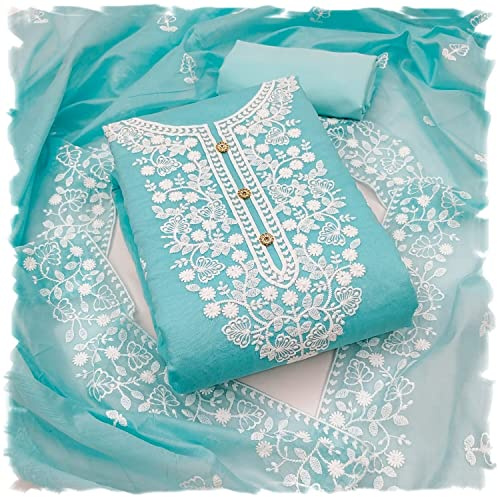 Y2Y Women's Heavy Cotton Embroidery Work Unstitched Salwar Suit Dress Material With Chanderi Work Dupatta (Free Size_Multi Color), Sky Blue 1