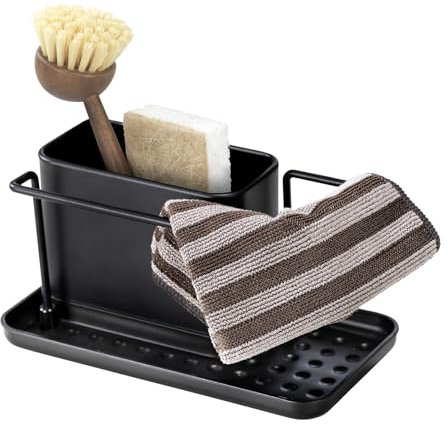 WENKO Organisateur d'évier Orio, Chariot de Rangement avec Pot en Acier Inoxydable Amovible, Base Stable en Plastique, Dimensions (l x h x p) : 21 x 10,5 x 12 cm, Noir