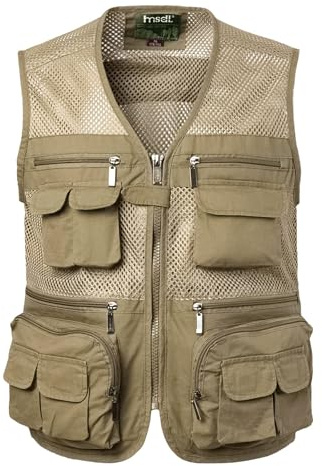 Yukirtiq Hommes Respirant Gilets de Pêche Veste sans Manches Multipoches Photographie Veste pour Camping Chasse Sport activités de plein air B-Kaki