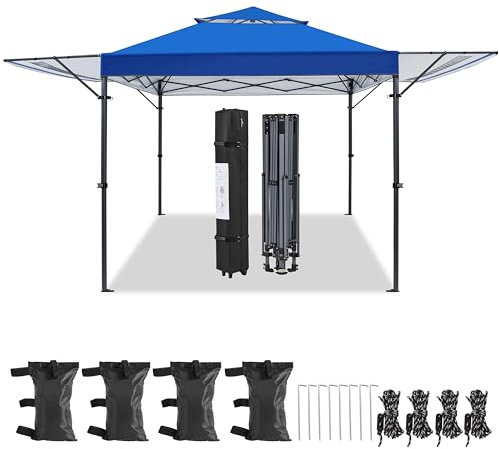 Yaheetech 3x5M Pop-up Gazebo with Double Awnings, Height Adjustable Canopy Tent, Outdoor One-handed Setup Instant Shelter with Rolling Storage Bag, 4 Sandbags & 8 Ground Stakes, Blue