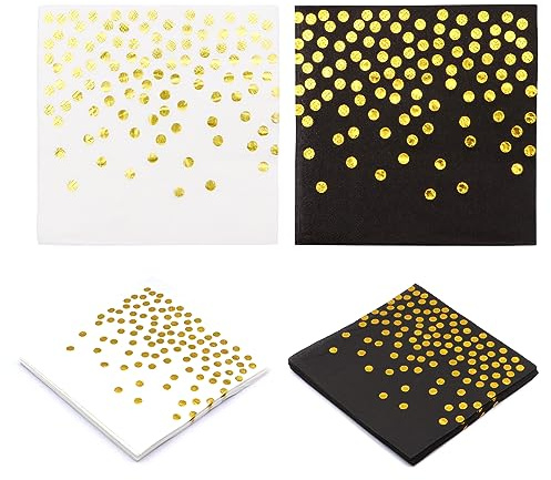 40 Pcs Disposable Dots Paper Napkins, Scettar Black and Gold Party Napkins, White and Gold Cocktail Napkins for Weddings Serviettes, Holiday Celebrations and Birthday Parties