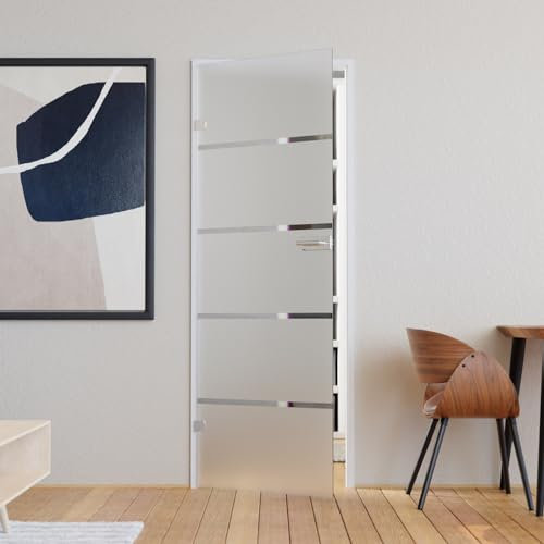 Glastür Komplettset mit Beschlag 834 x 1972 mm Milchglas Streifen - Glastüren aus ESG Glas 8mm satiniert - Innentür Glas mit Türgriff Edelstahl eckig unverschließbar DIN links