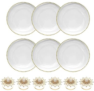 WedDecor Set mit 6 Platztellern und Serviettenringen, Tafelaufsatz, klares Glas mit Perlentellern und Perle mit Diamant-Serviettenringen für Party, Abendessen, Tischdekoration, Events, Gold