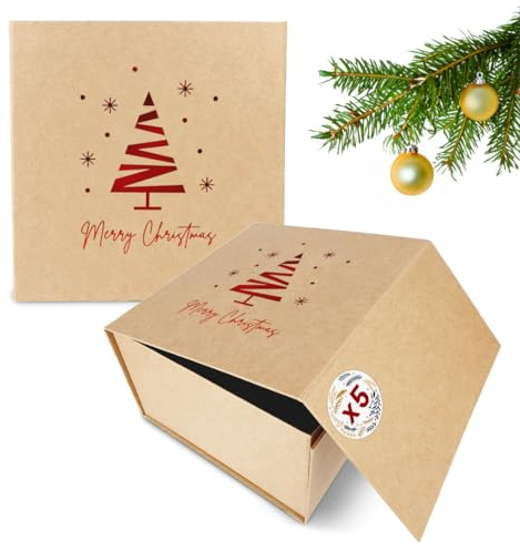 Verpackungswelt Geschenk-Box Weihnachten (5 Stk.) | 20x20x12 cm | Geschenk-Karton mit Deckel & Magnet-Verschluss | Für Weihnachts-Geschenke | Weihnachts-Verpackung mit Weihnachtsbaum-Motiv in Rot
