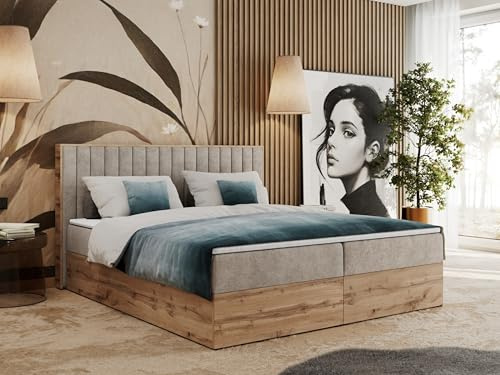 MKS MEBLE Boxspringbett 180x200 mit Bettkasten Holz Holzrahmen, Boxbett 180x200 mit Matratze H3 und Kopfteil - Beige Matana 17 - Albero-4