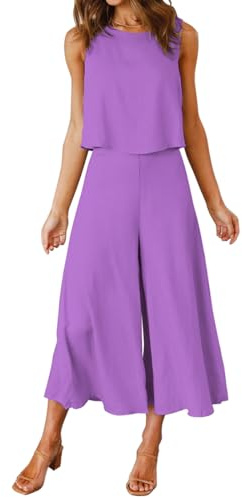 FANCYINN Donna 2 Pezzi Outfits Canotta Lunga di Base Camicia Pantaloni Lunghi a Vita Alta Tute Viola Lavanda M