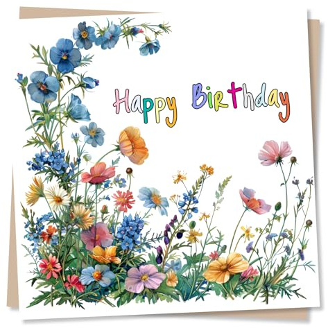 Birthday Card for Women, Female, Her, Friend, Family - Colourful Wildflower | for Mum, Nan, Sister, Auntie, Bestie - from Daughter, Son - Rainbow Lettering, Meadow - Blank Inside, with Envelope