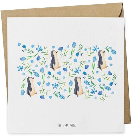 Mr. & Mrs. Panda Grußkarte Pinguinliebe Design - Geschenk, Blaue Blumen, Pinguine, Aquarell, doppelkarte, faltkarte, Glückwunschkarte, Pinguin, Muster, Klappkarte, anlasskarte