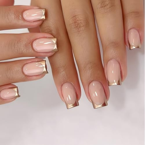 Calkrer 24 pcs Ongles press-on français taille moyenne dorés : faux ongles, couverture complète. Livré avec colle gel et lime à ongles.