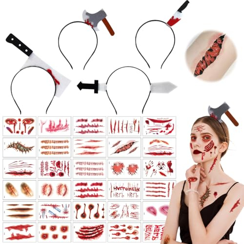 XLZJYIJ 4 Stück Halloween Horror Haarreif, Halloween Grusel Accessoires mit 30 Halloween Tattoo Narben, Horror Haarreif Set, Halloween Messer Haarband für Fasching Karneval Kostüm Party Cosplay