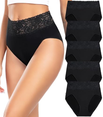 Wealurre Bragas Mujer Algodon Cintura Alta Encaje Braguita de Talle Alto Culotte Cómodo Talla Ropa Interior Pack de 5,L,Black