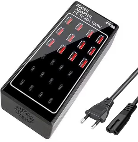 Chargeur Multiple USB, Charger USB C, Bloc d'alimentation USB C, 24 Ports 100W (20A), Station de Charge Rapide pour Plusieurs appareils, Chargeur Mural USB pour Galaxy S24/iPhone/Google
