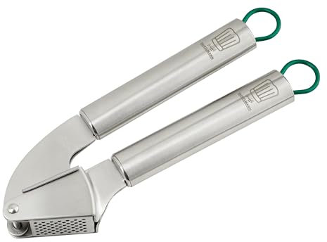 Chefkoch trifft Fackelmann – Premium Knoblauchpresse aus hochwertigem Edelstahl, ergonomisches Design, spülmaschinengeeignet, inkl. Aufhängeöse