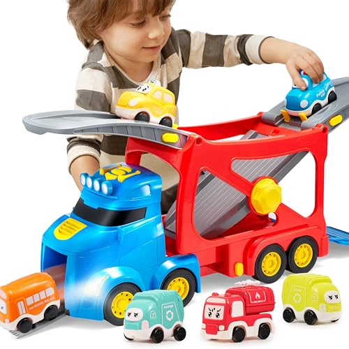 Vroomix 7 in 1 Extra Grande Camion Trasportatore Urbano per Bambini e Bambine, Camion Trasportatore con 6 Auto e Binari di Velocità, Testa Allungabile, Suoni e Luci, Regali di Compleanno