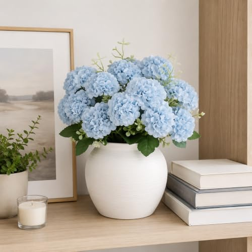 astylishome Ramo de flores artificiales azules de crisantemos artificiales de seda, ramo de bolas de crisantemo de seda, hortensias para el hogar, oficina, cafetería, fiestas y bodas, azul claro 3209