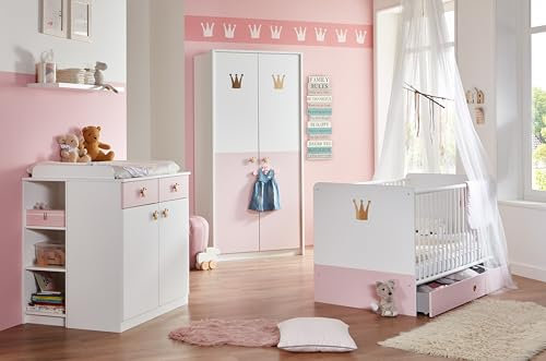 Babyzimmer Cindy in Weiß & Rosé – Prinzessinnen-Kinderzimmer, Hochwertige Möbel Made in Germany mit Krönchen- Applikationen - Verschiedene Set Varianten wählbar (7 teilig mit 2türigem Schrank)