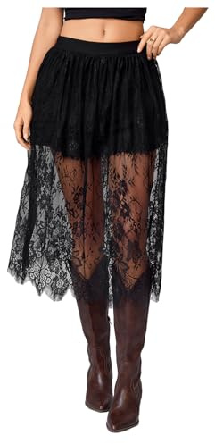 BEAUDRM Women's Floral Lace Sheer Skirt High Waisted A Line Midi Skirts Beach Cover-ups Mesh Streetwear Y2K Skirts Black X-Large