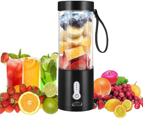 Tragbarer Mixer, Smoothie Maker to go für Shakes und Smoothies mit 6 scharfen Klingen, USB-wiederaufladbarer Mini-Entsafter, BPA-frei, tragbarer Entsafter für Fitnessstudios, Büro, Reisen (schwarz)