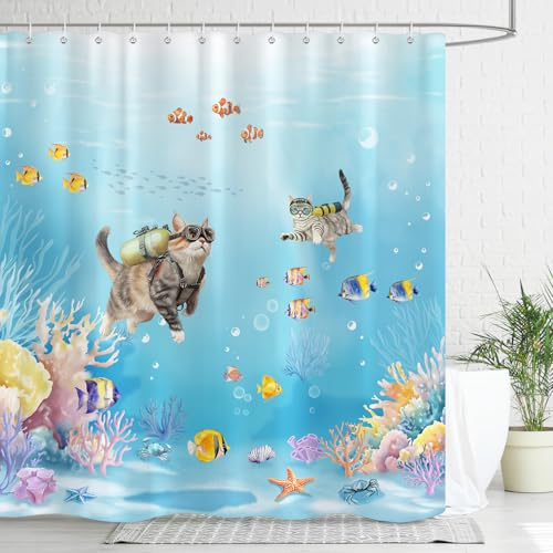 Dazzlewall Taucherkatze Ozean Blau Duschvorhang 183x183 cm Anti-Schimmel | Verspielte Unterwasserwelt, wasserabweisend, schnelltrocknend, waschbar, inkl. 12 Haken, für Dusche, Wanne & Gäste-WC
