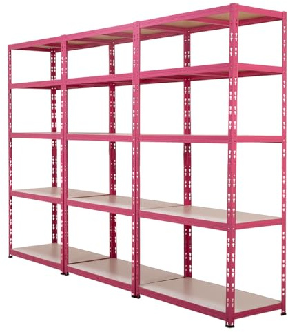 BiGDUG Heavy Duty Garage Shelving Unit 3 Bay - Pink With Purpose - 179H x 90W x 45D cm - 200kg UDL Per Shelf (1000kg Per Bay) - 3x Pink Storage Shelves - 5 Tier Shed Shelving
