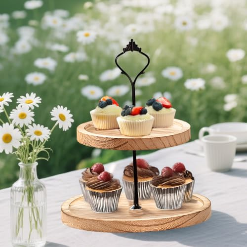 2 Etagen Rund Etagere aus Holz Mit Metallgriff, Cupcake Ständer, Kuchenständer Halter Turm Kuchenplatte für Hochzeit, Heimdekoration,Tischdeko, Desser