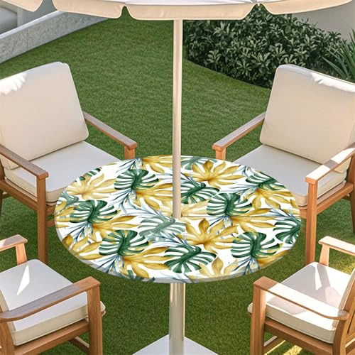 Morbuy Round Garden Tablecloth with Parasol Hole and Zip, 3D Tropical Plant Leaf Pattern Waterproof Round Tablecloth Elastic Edged Fitted, Table Cover Stain Resistant (Khaki Leaf,31-35inch)