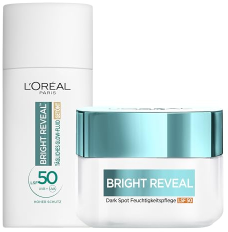 L'Oréal Paris Set: Bright Reveal Getöntes UV-Fluid, LSF 50 mit Glow-Pigmenten, 50 ml und Bright Reveal Dark Spot UV-Feuchtigkeitspflege, Anti-Aging, mit LSF 50, 50 ml